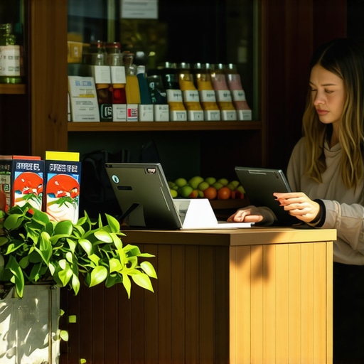 Small shop owner engaging with digital marketing tools in storefront