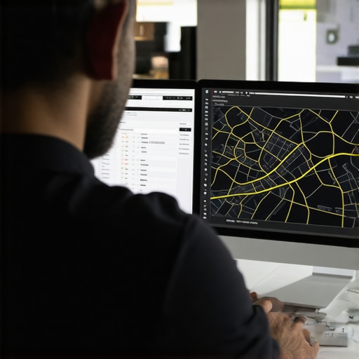 Business owner analyzing local SEO data on a computer with city map background.