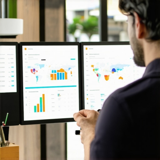 Business owner analyzing digital metrics and maps in a boutique shop.