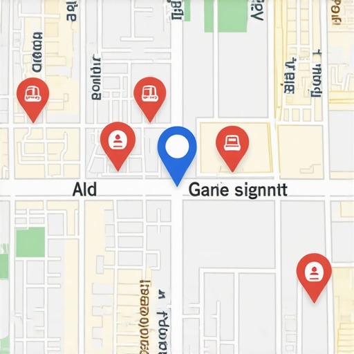 Map highlighting small business locations with SEO keywords and icons