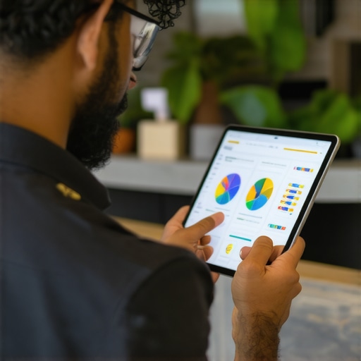 Local SEO Data Analysis Business owner reviewing local SEO performance metrics on a tablet with community backdrop.