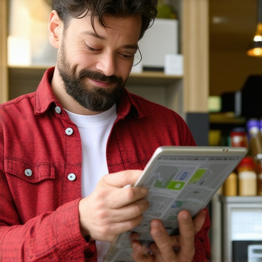 Business owner studying local search analytics on a tablet with neighborhood map visuals.
