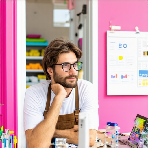 Small shop owner planning SEO strategies with digital tools and community in the background