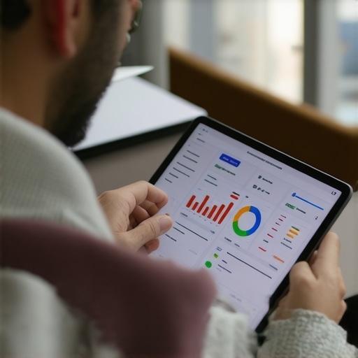 Local Shop Owner Analyzing SEO Data Shop owner reviewing local SEO analytics on a tablet with city street background.