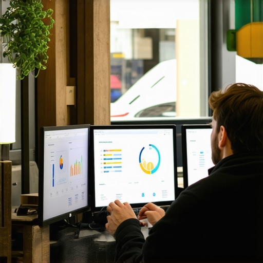 Shop owner analyzing digital marketing analytics with charts and screens in a small storefront.