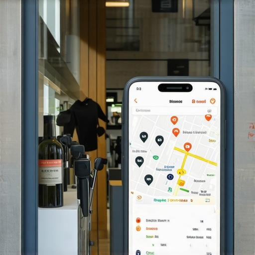 Local Shop and Voice Search Integration Small shop storefront with overlay of digital maps and voice assistant icons