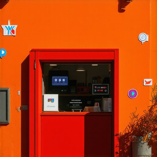 Small retail shop decorated for local community engagement with digital marketing symbols