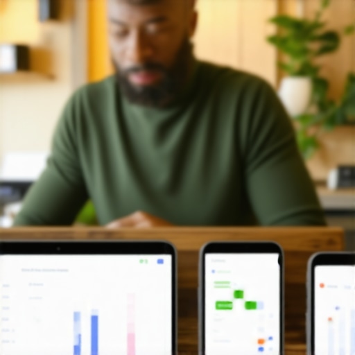 Shop owner analyzing local SEO metrics on digital devices for better visibility.