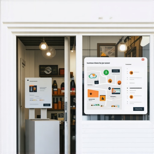A vibrant local retail shop showcasing digital SEO analytics and community engagement visuals.