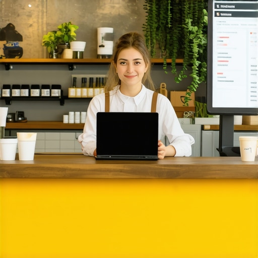 Small Shop with Digital SEO Elements Small retail store showcasing digital marketing tools and friendly staff