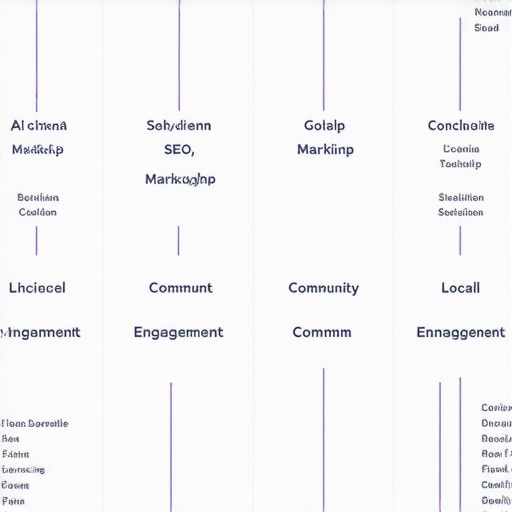 Infographic illustrating AI integration, schema markup, and community engagement strategies for local SEO.