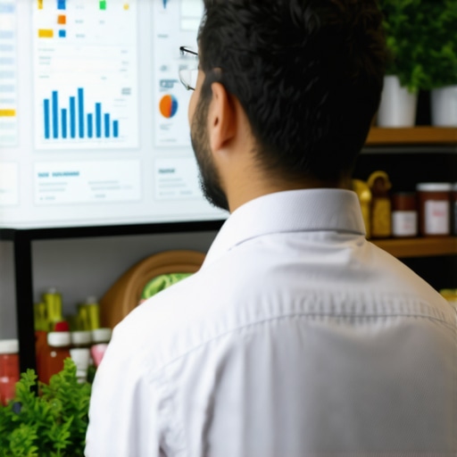 Small shop owner reviewing digital analytics on local SEO performance.