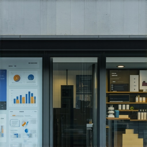 Futuristic storefront with digital SEO overlays