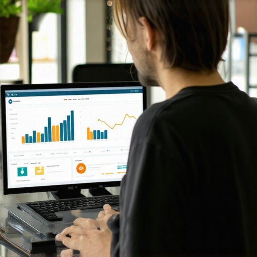 Small business owner analyzing local SEO metrics on a computer screen with search engine graphs.