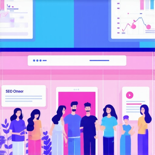 Local shop engaging with community and digital SEO metrics overlay