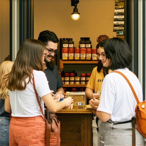 A small retail shop owner interacting with community members at a neighborhood event, fostering trust and local relevance.