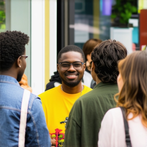 People interacting with local businesses in a lively neighborhood