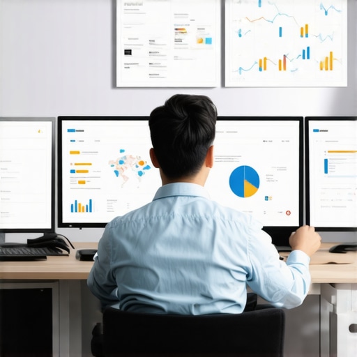 A digital marketer reviewing local SEO analytics on multiple screens.