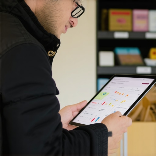 Small retail shop owner reviewing digital maps and analytics for local SEO insights.