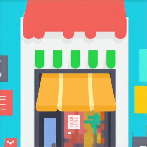 Illustration of a small retail shop surrounded by digital icons representing SEO and online growth