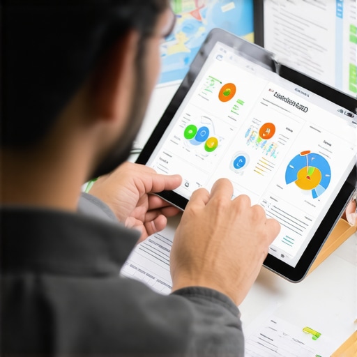 Business owner reviewing local search analytics on a tablet with maps and charts.