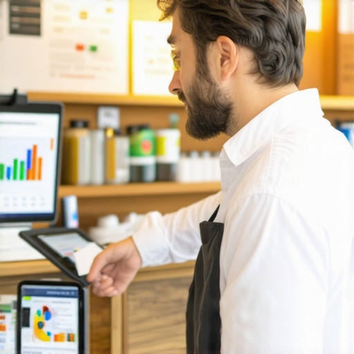 Business owner reviewing local analytics on a tablet, emphasizing data-driven decision-making