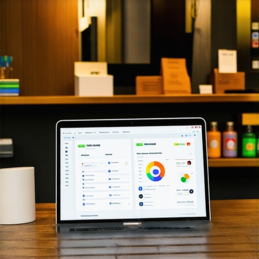 Retail shop owner analyzing local SEO data on laptop