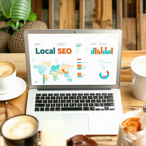 Laptop showing analytics dashboard with charts and maps for local SEO.