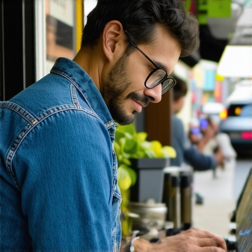 Shop owner using a laptop for local SEO planning in city environment