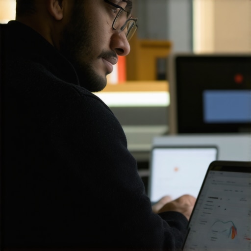 Small shop owner analyzing local SEO data on a laptop in storefront