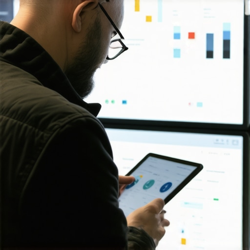 Shop owner analyzing local SEO data with AI tools on tablet, with digital interface and maps.