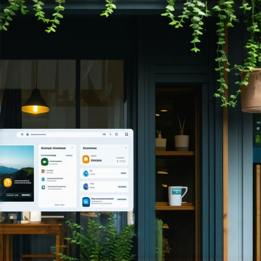 A small retail shop with digital AI interface projections showing search metrics and optimization tools.