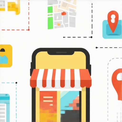 A retail shop surrounded by digital icons representing SEO, local search, and maps