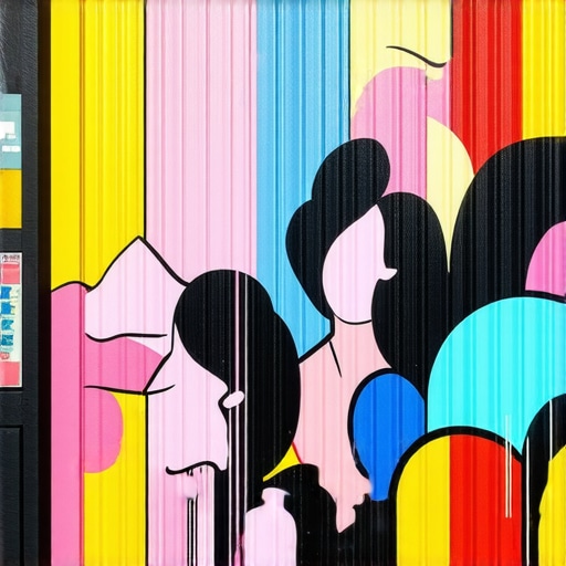 Local artist painting a mural on shop exterior, neighborhood background.