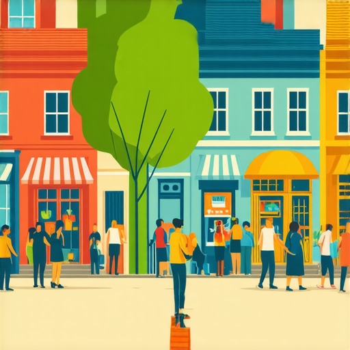 Photograph of a lively neighborhood scene with small shops and community gatherings.
