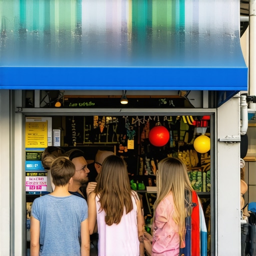 A small retail store hosting a neighborhood event with happy customers and community participation.