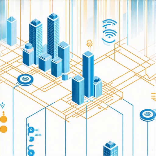 Futuristic city with digital signals connecting local businesses, symbolizing advanced SEO strategies.