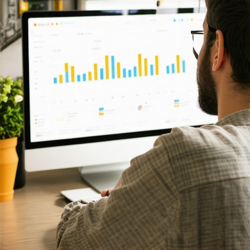Shop owner reviewing local SEO analytics and charts on a computer.