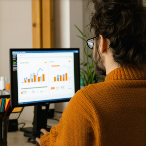Small shop owner reviewing SEO analytics data on a computer screen with graphs and maps.