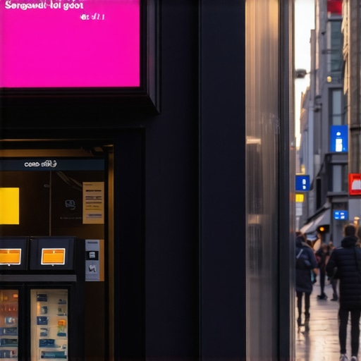 A small shop in a city with augmented reality advertising and digital signage