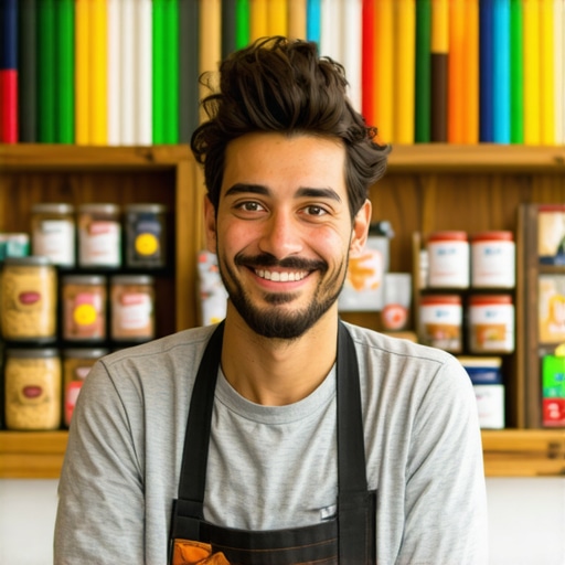 Small shop owner engaging with community during local event, colorful neighborhood setting