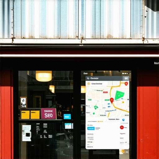 Small retail shop with digital SEO data overlay.