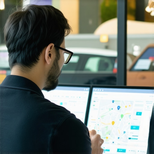 Shop owner analyzing local customer data on a digital dashboard