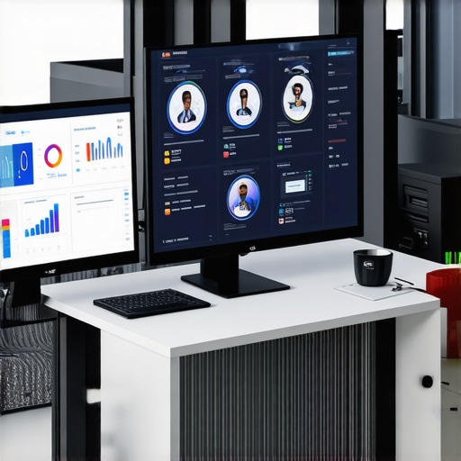 Modern workspace with multiple screens displaying data analytics for local SEO