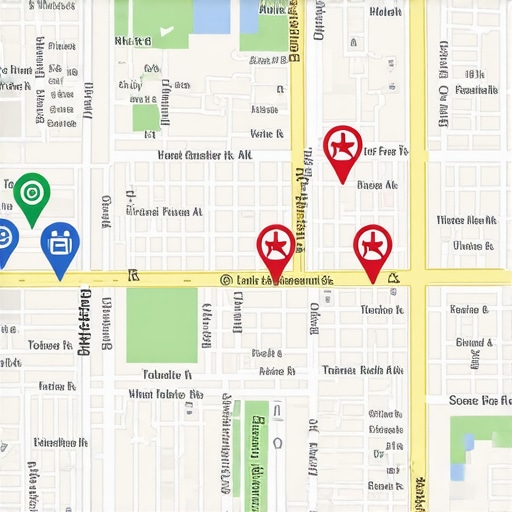 Map showcasing small shops in a community with icons representing local SEO efforts.