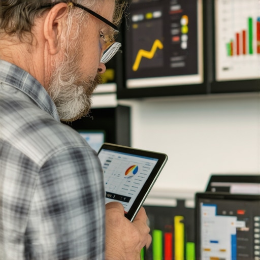 Shop owner reviewing local SEO analytics on a digital device.