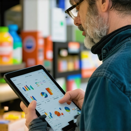 Shop owner reviewing SEO analytics on a digital device in a bustling neighborhood setting.