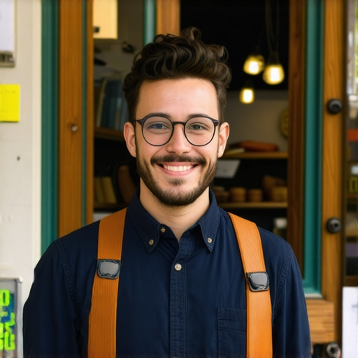 Shop owner working on local SEO and voice search optimization with AI and neighborhood context.