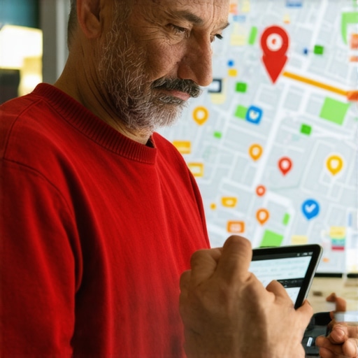 Shop owner planning local SEO tactics using digital tools with search icons and maps.