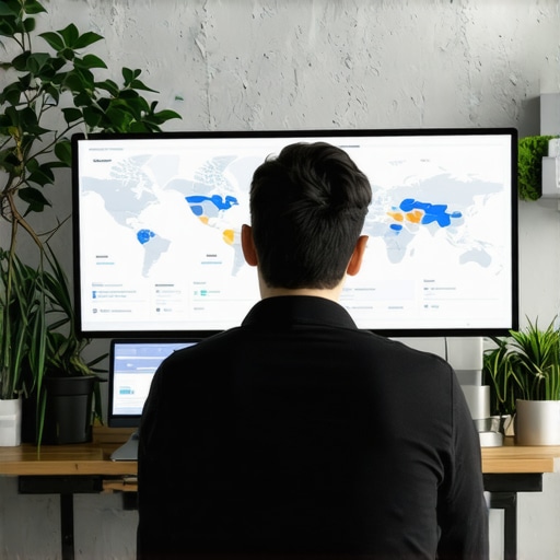 Small shop owner reviewing digital analytics and maps related to local SEO performance.